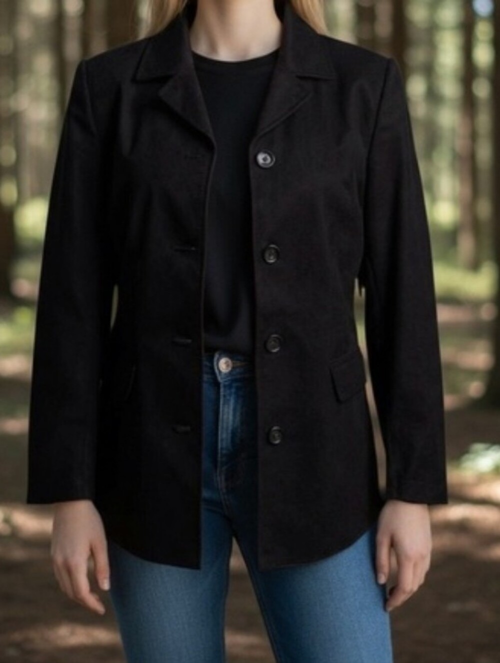 Colebrook & Co. Women's Black Suede Leather Coat Pockets Button Close Lined Sz L
